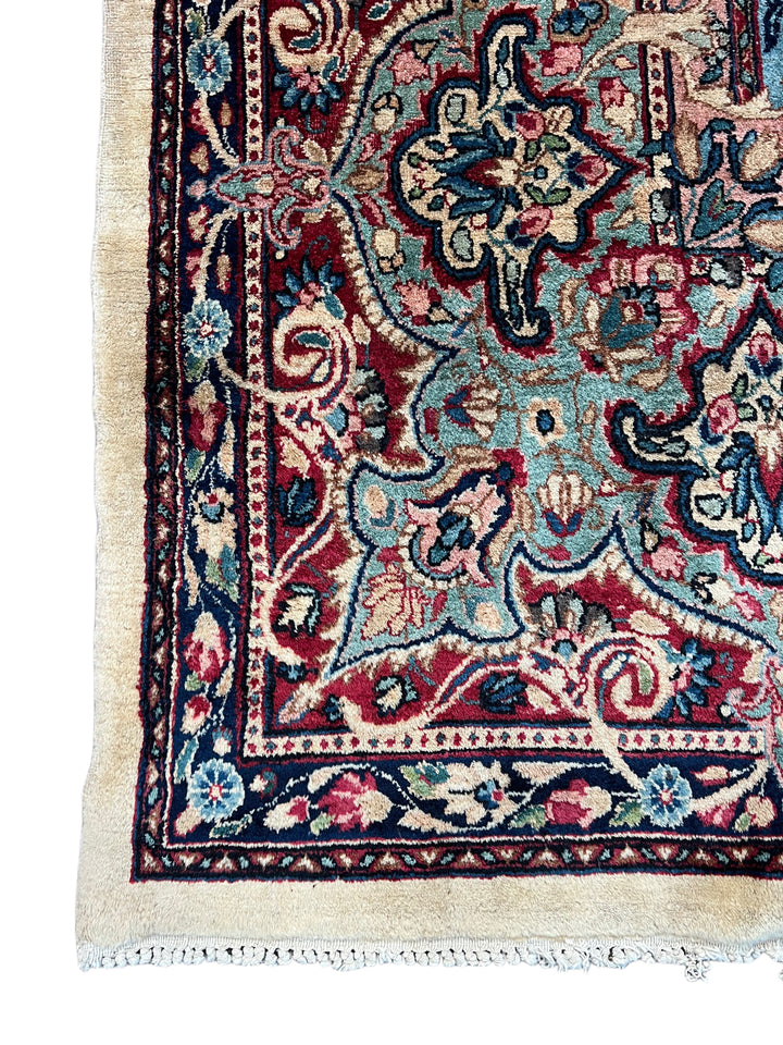 Ivory, Burgundy &amp; Blue Floral Vintage Kerman Rug – 8.10’ x 12.1’, circa 1960