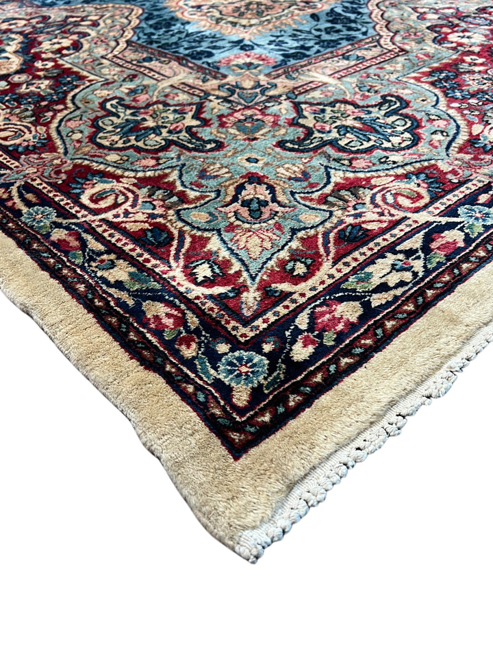 Ivory, Burgundy &amp; Blue Floral Vintage Kerman Rug – 8.10’ x 12.1’, circa 1960