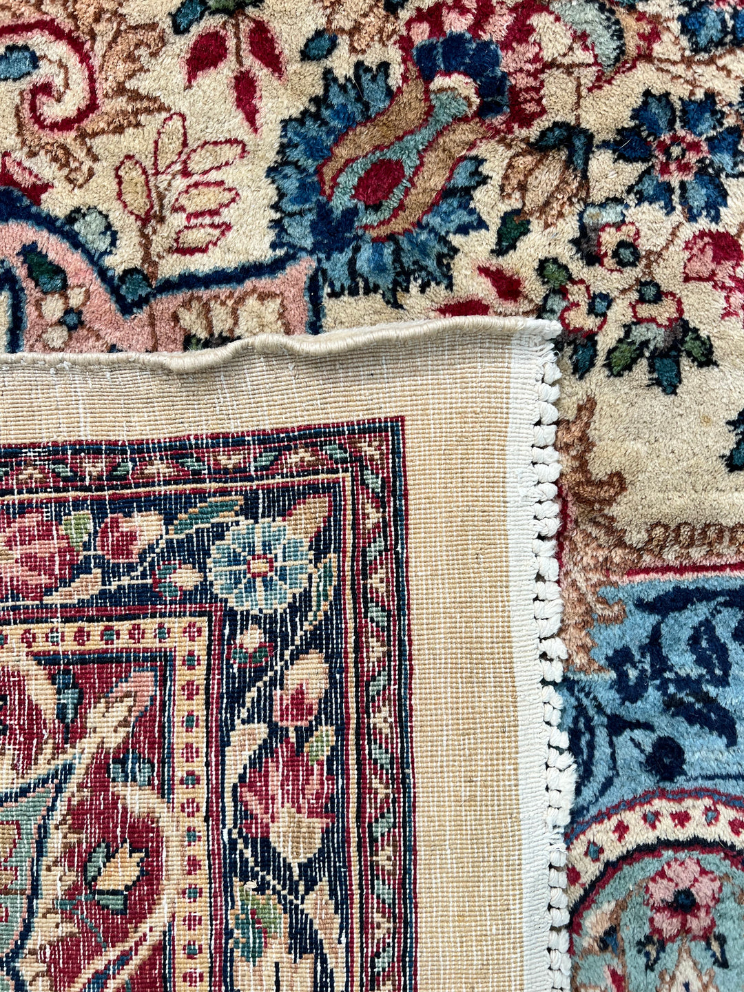 Ivory, Burgundy &amp; Blue Floral Vintage Kerman Rug – 8.10’ x 12.1’, circa 1960