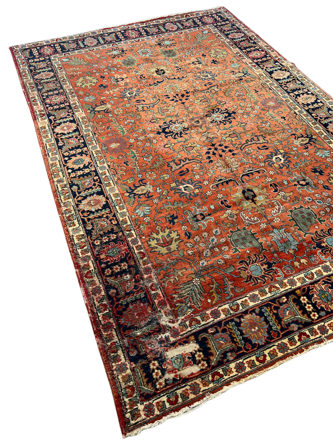 Rust &amp; Navy Floral Heriz Rug – Circa 1920 | 7’0” × 10’4”