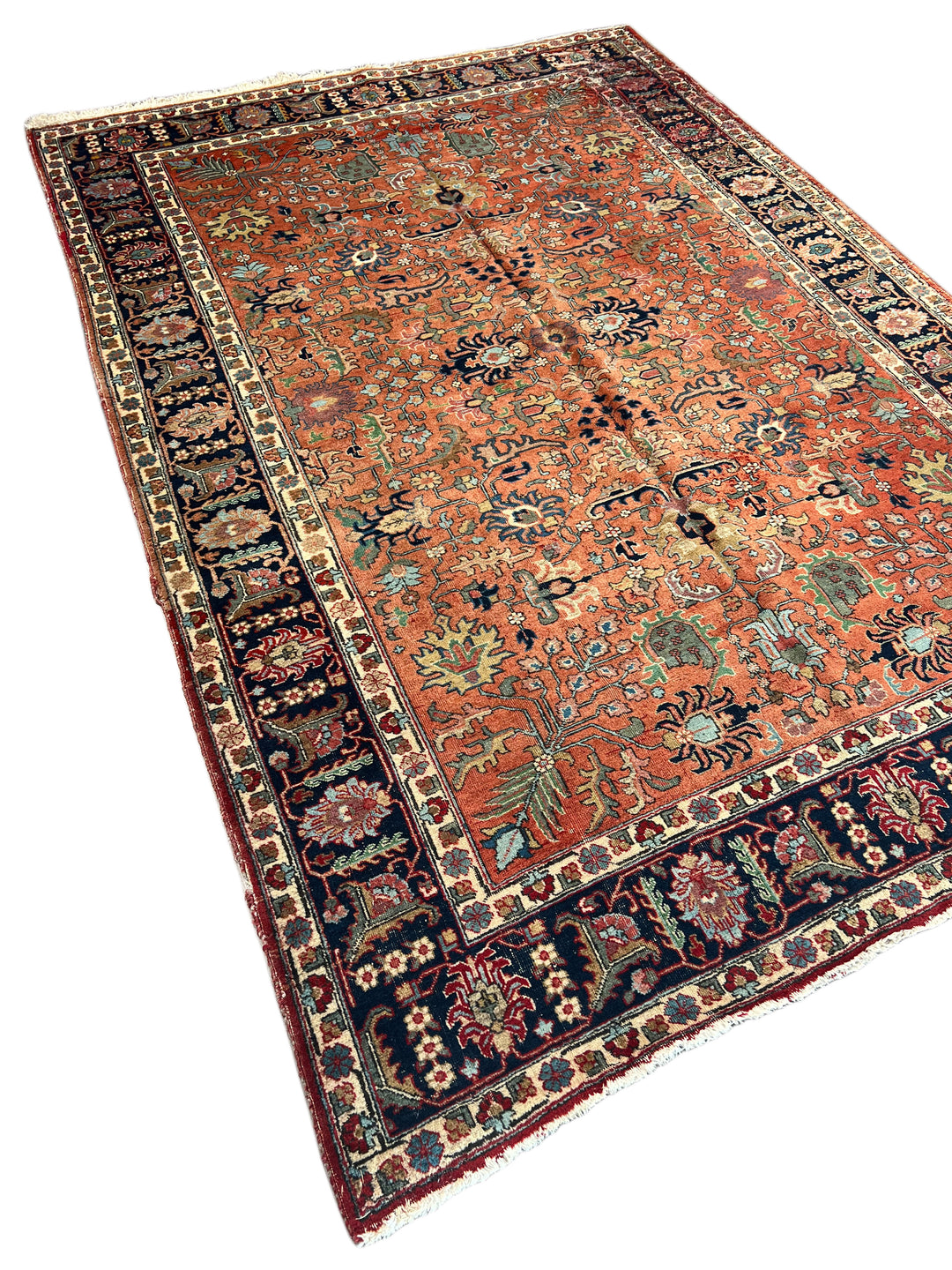 Rust &amp; Navy Floral Heriz Rug – Circa 1920 | 7’0” × 10’4”