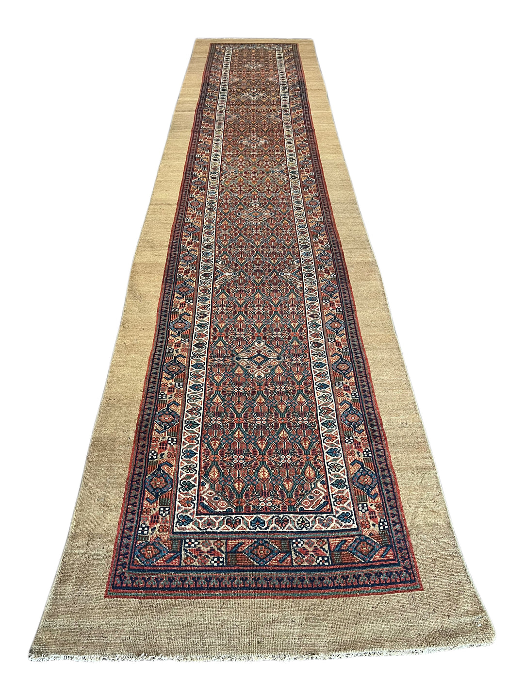 Antique Camel &amp; Rust Camel Hair Hamadan Runner Rug, Circa 1910 – 3’5” × 16’6”