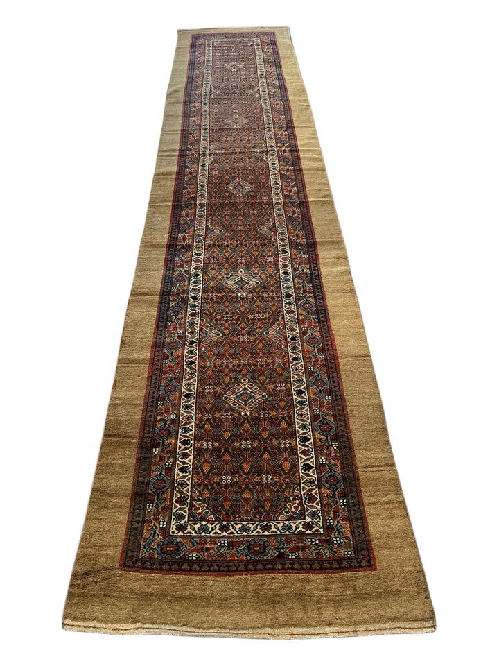 Antique Camel &amp; Rust Camel Hair Hamadan Runner Rug, Circa 1910 – 3’5” × 16’6”