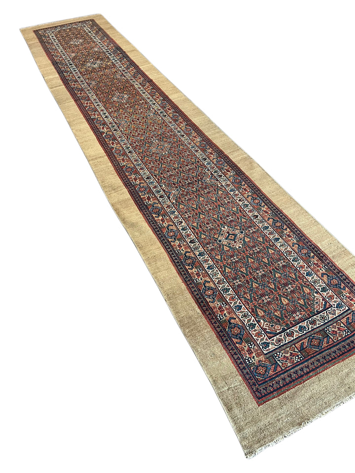 Antique Camel &amp; Rust Camel Hair Hamadan Runner Rug, Circa 1910 – 3’5” × 16’6”
