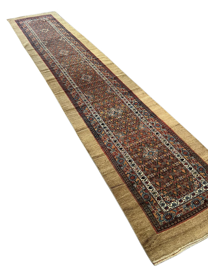 Antique Camel &amp; Rust Camel Hair Hamadan Runner Rug, Circa 1910 – 3’5” × 16’6”