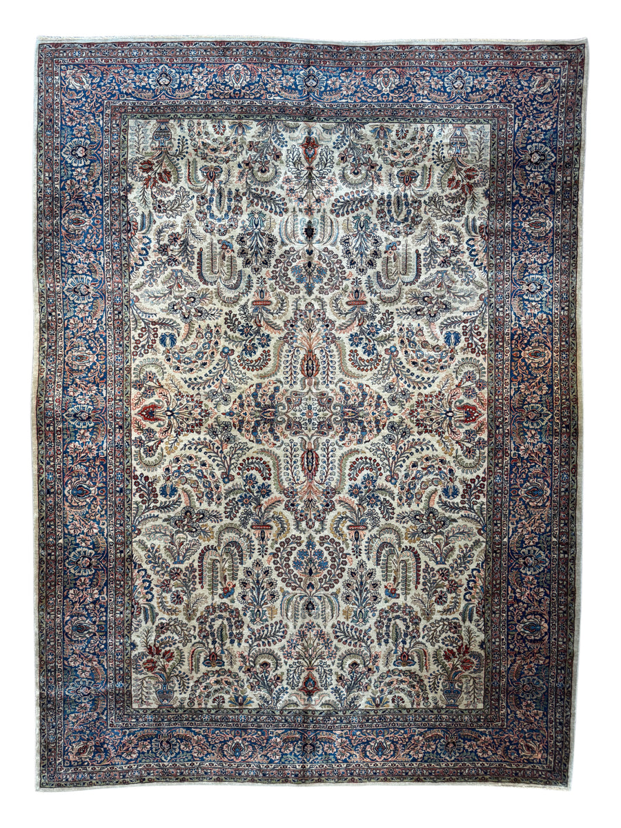 Ivory & Blue Floral Sarouk Rug, Circa 1920 – 10’3” × 14’0”