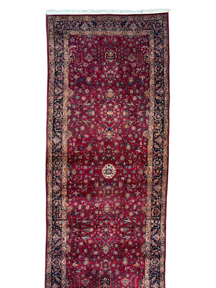 Ruby Red &amp; Navy Floral Sarouk Rug, Circa 1930 – 6’10” × 17’0”