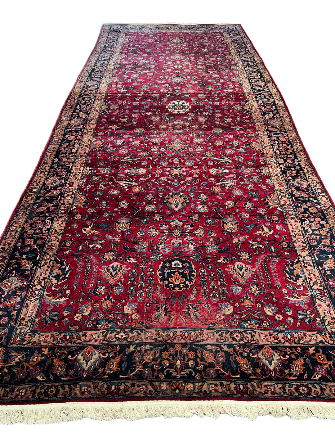 Ruby Red &amp; Navy Floral Sarouk Rug, Circa 1930 – 6’10” × 17’0”