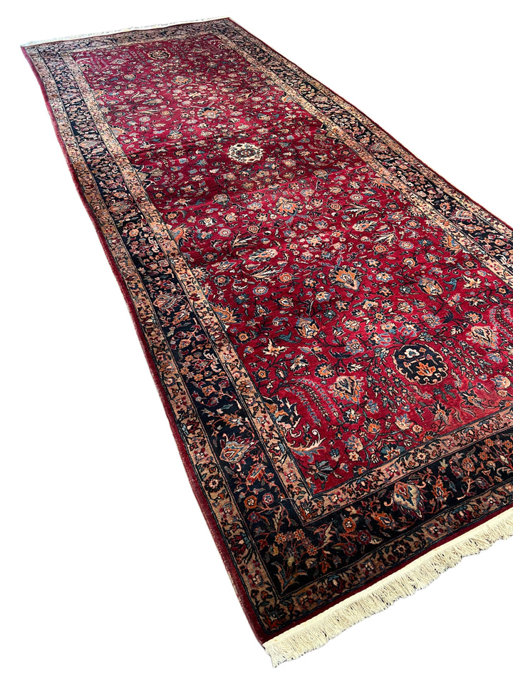 Ruby Red &amp; Navy Floral Sarouk Rug, Circa 1930 – 6’10” × 17’0”
