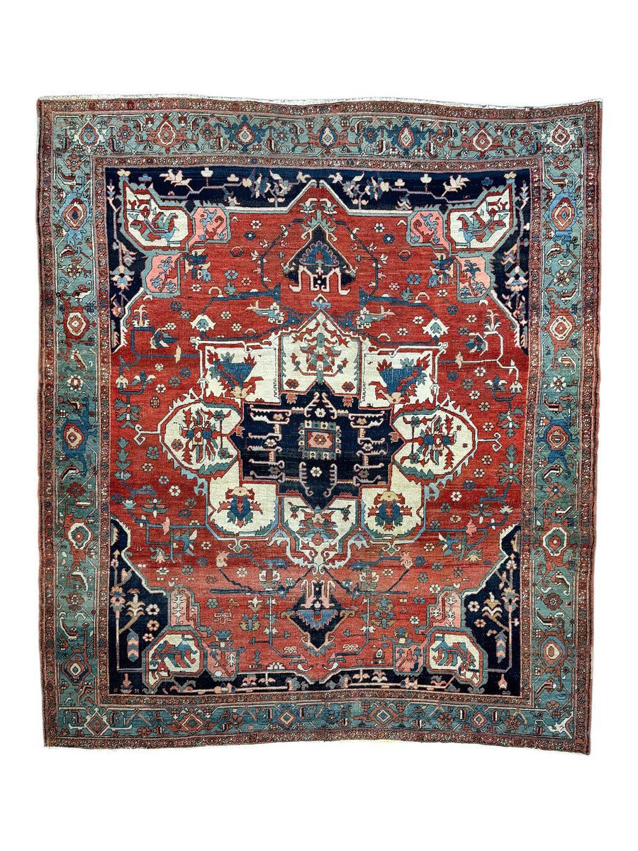 Brick Red & Soft Aqua Antique Serapi Rug, Circa 1880 – 8’2” × 9’6”