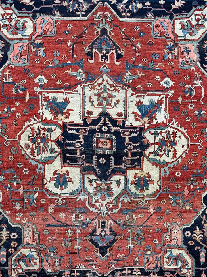 Brick Red &amp; Soft Aqua Antique Serapi Rug, Circa 1880 – 8’2” × 9’6”