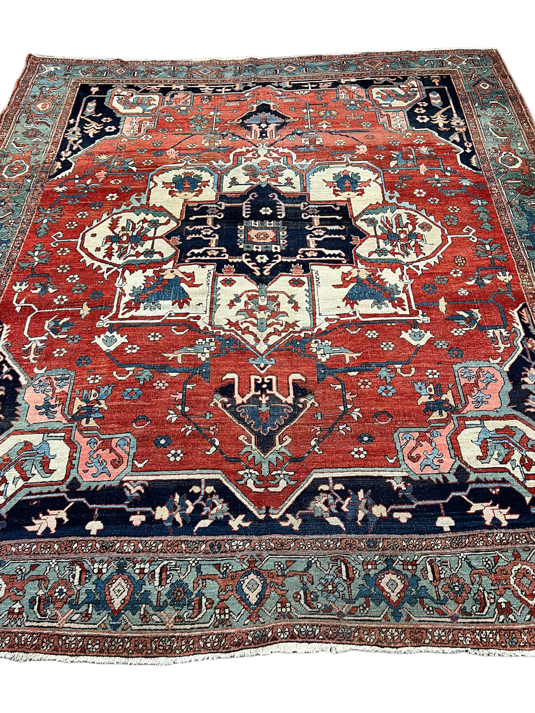 Brick Red &amp; Soft Aqua Antique Serapi Rug, Circa 1880 – 8’2” × 9’6”