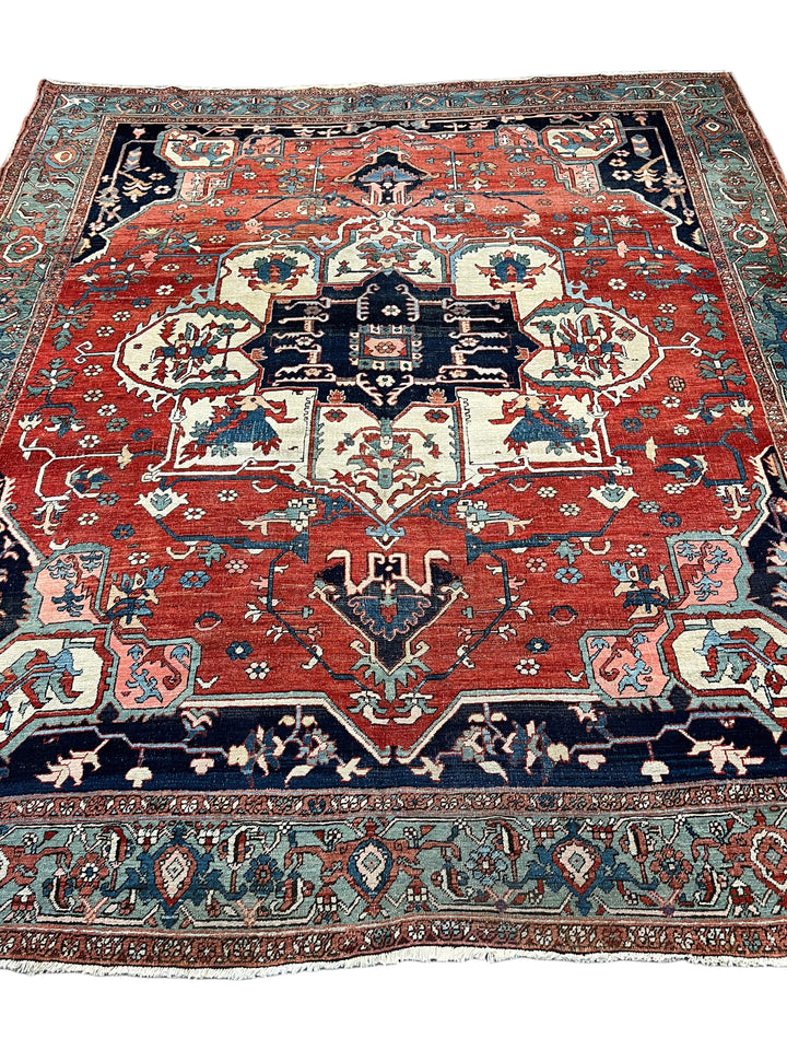 Brick Red &amp; Soft Aqua Antique Serapi Rug, Circa 1880 – 8’2” × 9’6”