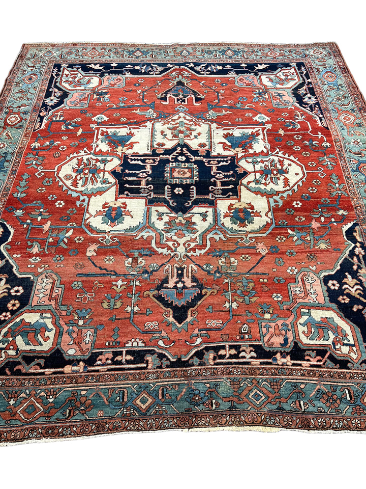 Brick Red &amp; Soft Aqua Antique Serapi Rug, Circa 1880 – 8’2” × 9’6”