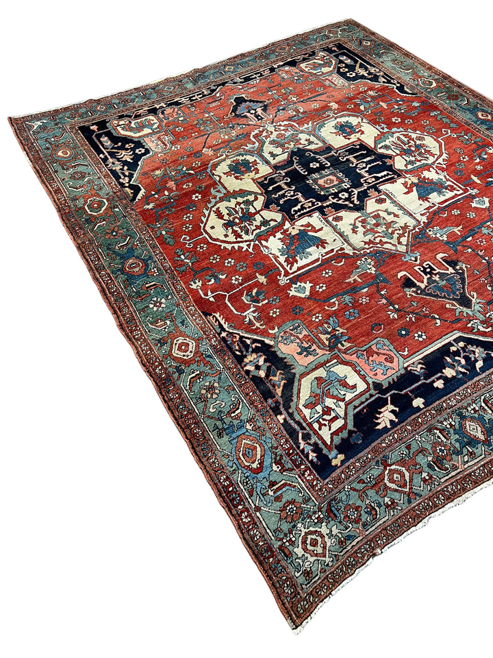Brick Red &amp; Soft Aqua Antique Serapi Rug, Circa 1880 – 8’2” × 9’6”