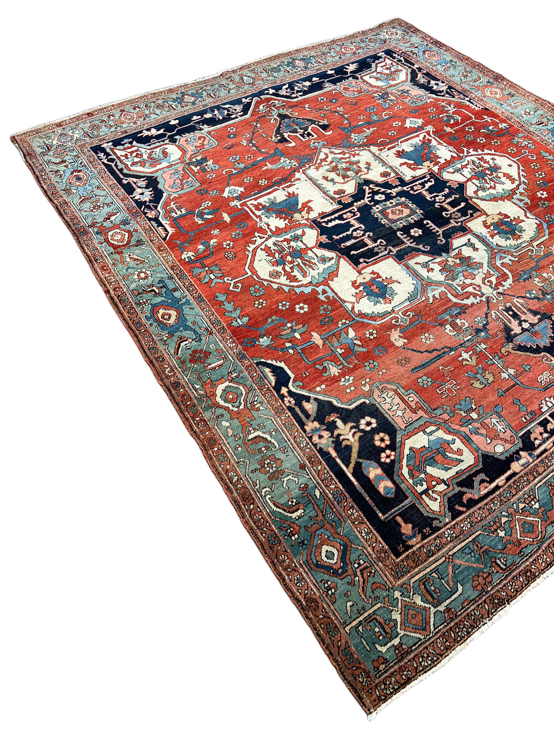 Brick Red &amp; Soft Aqua Antique Serapi Rug, Circa 1880 – 8’2” × 9’6”