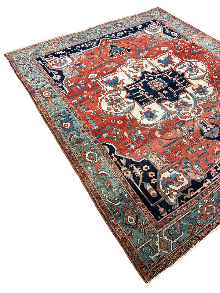 Brick Red &amp; Soft Aqua Antique Serapi Rug, Circa 1880 – 8’2” × 9’6”