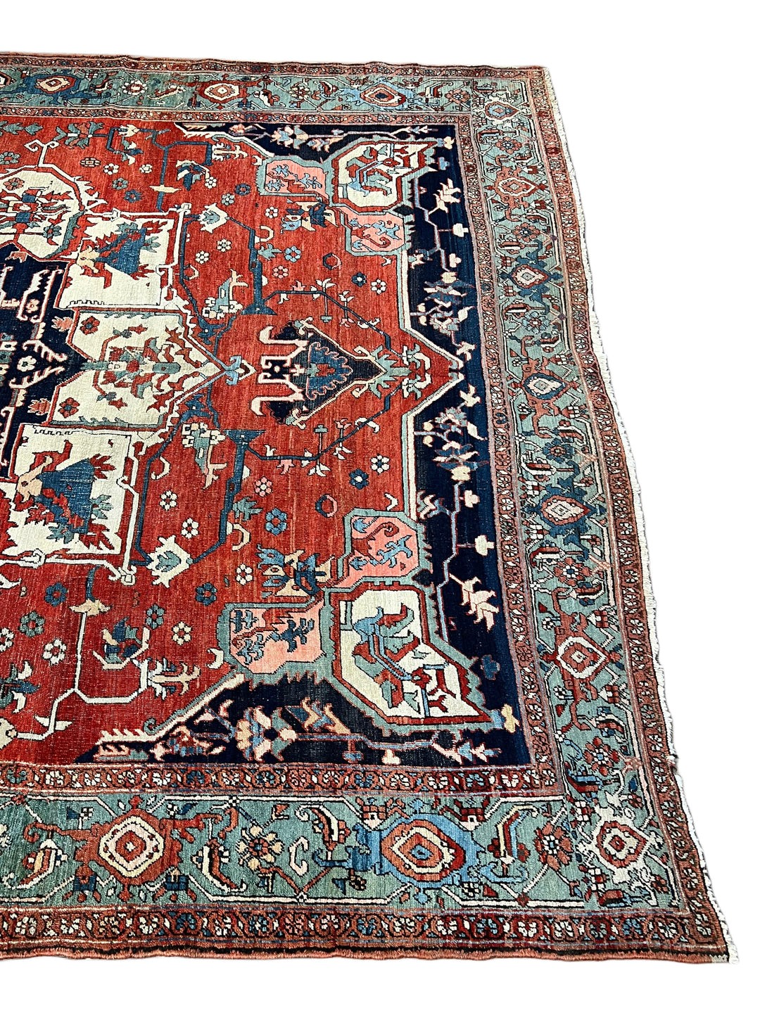Brick Red &amp; Soft Aqua Antique Serapi Rug, Circa 1880 – 8’2” × 9’6”