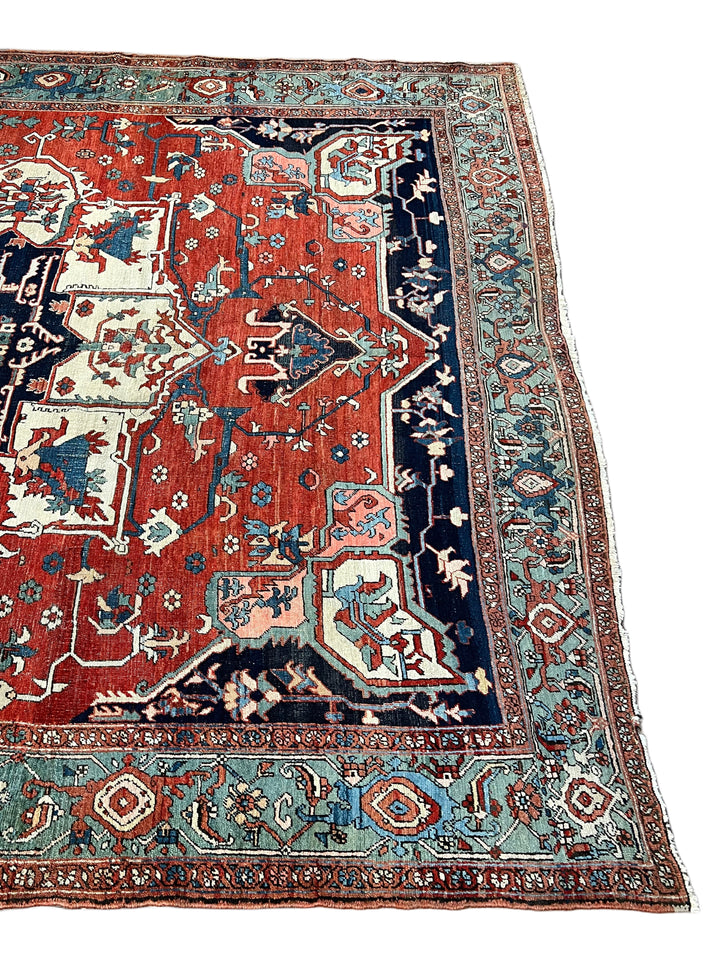 Brick Red &amp; Soft Aqua Antique Serapi Rug, Circa 1880 – 8’2” × 9’6”