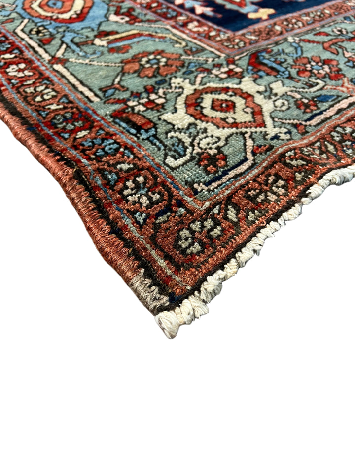 Brick Red &amp; Soft Aqua Antique Serapi Rug, Circa 1880 – 8’2” × 9’6”