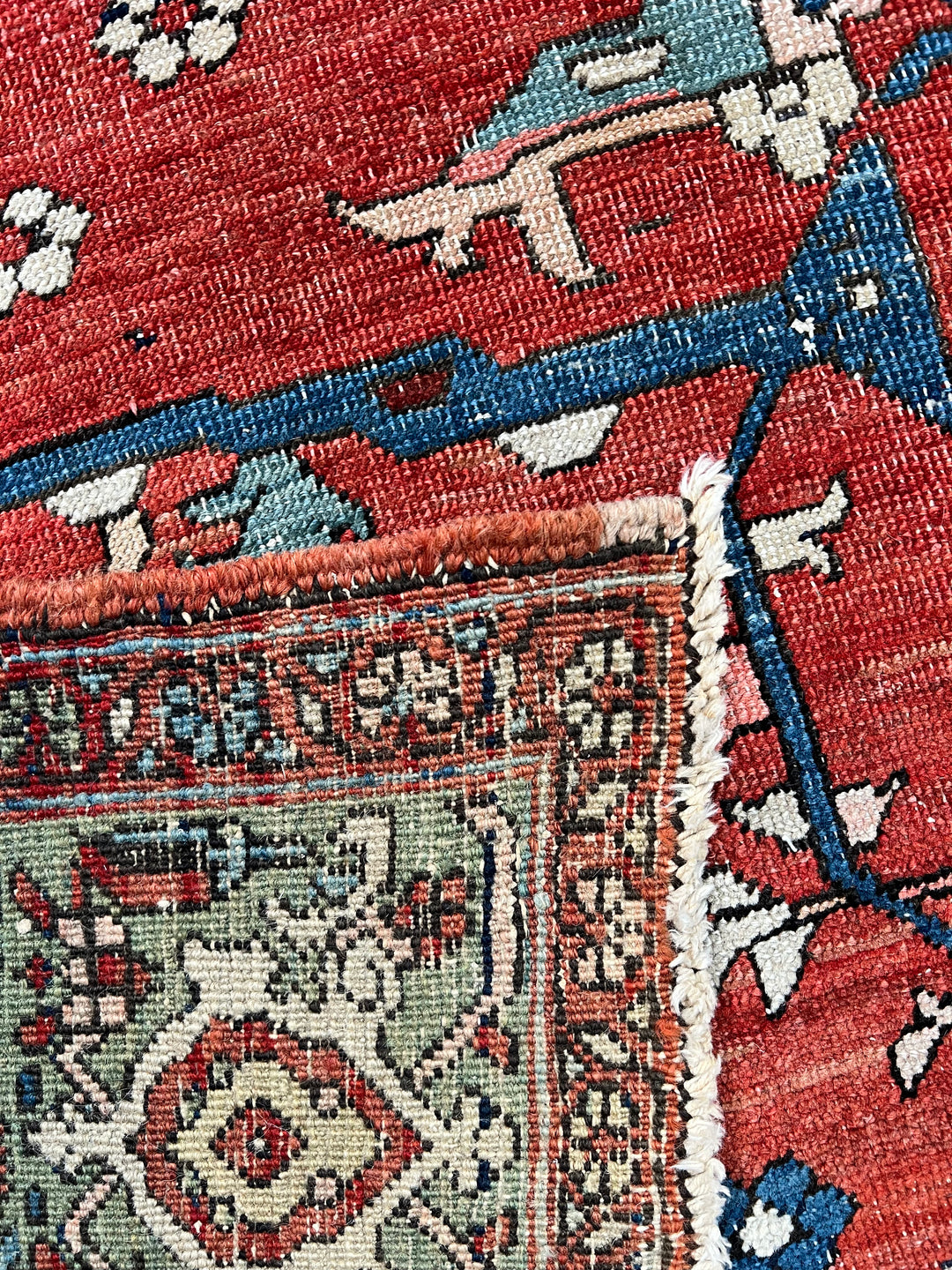 Brick Red &amp; Soft Aqua Antique Serapi Rug, Circa 1880 – 8’2” × 9’6”