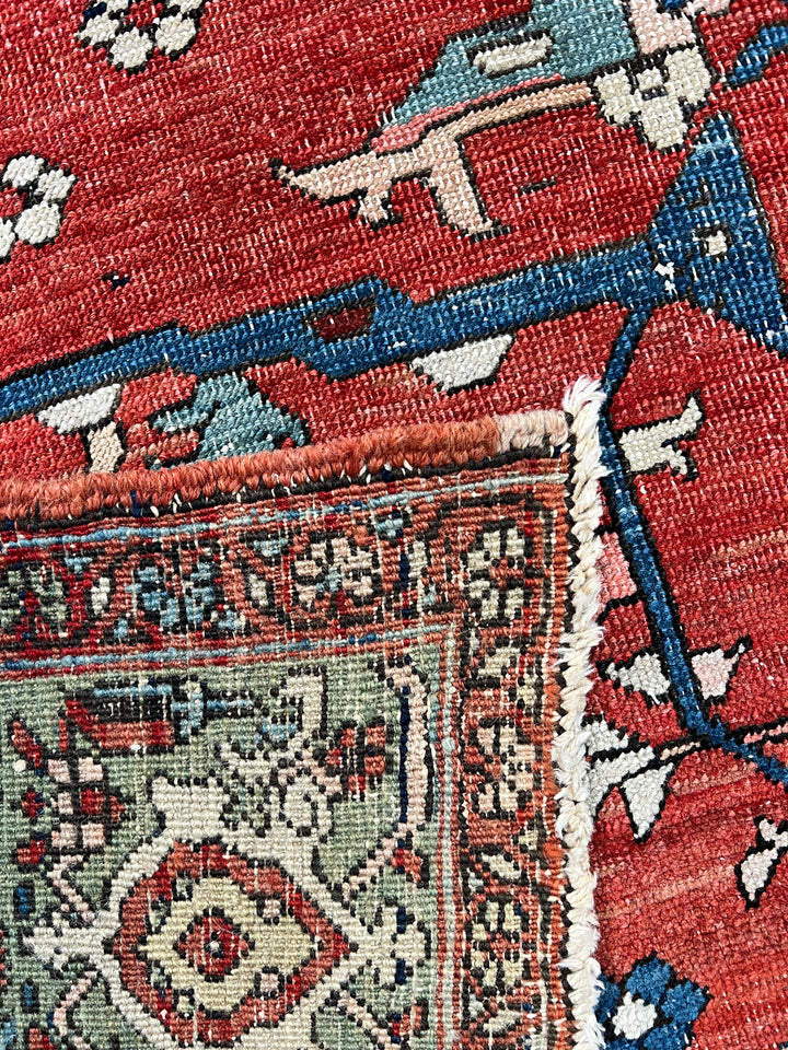 Brick Red &amp; Soft Aqua Antique Serapi Rug, Circa 1880 – 8’2” × 9’6”
