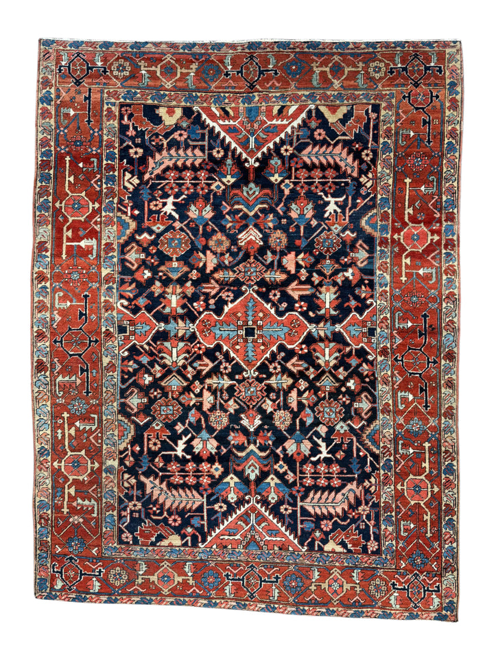 Deep Navy &amp; Brick Red Antique Heriz Rug, Circa 1900 – 8’6” × 11’7”