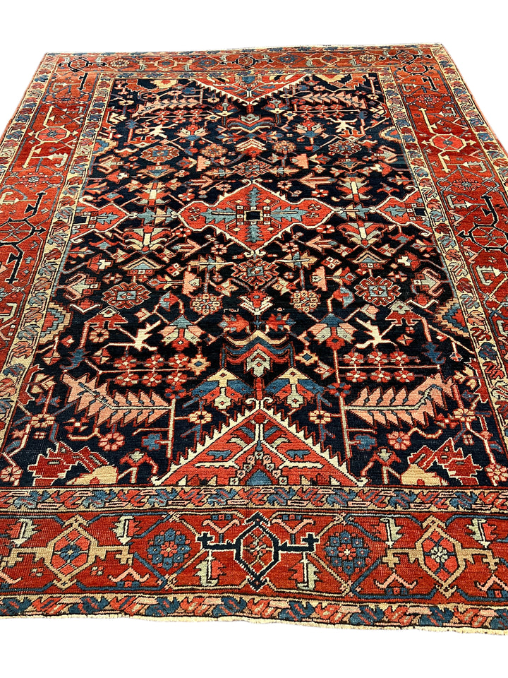 Deep Navy &amp; Brick Red Antique Heriz Rug, Circa 1900 – 8’6” × 11’7”