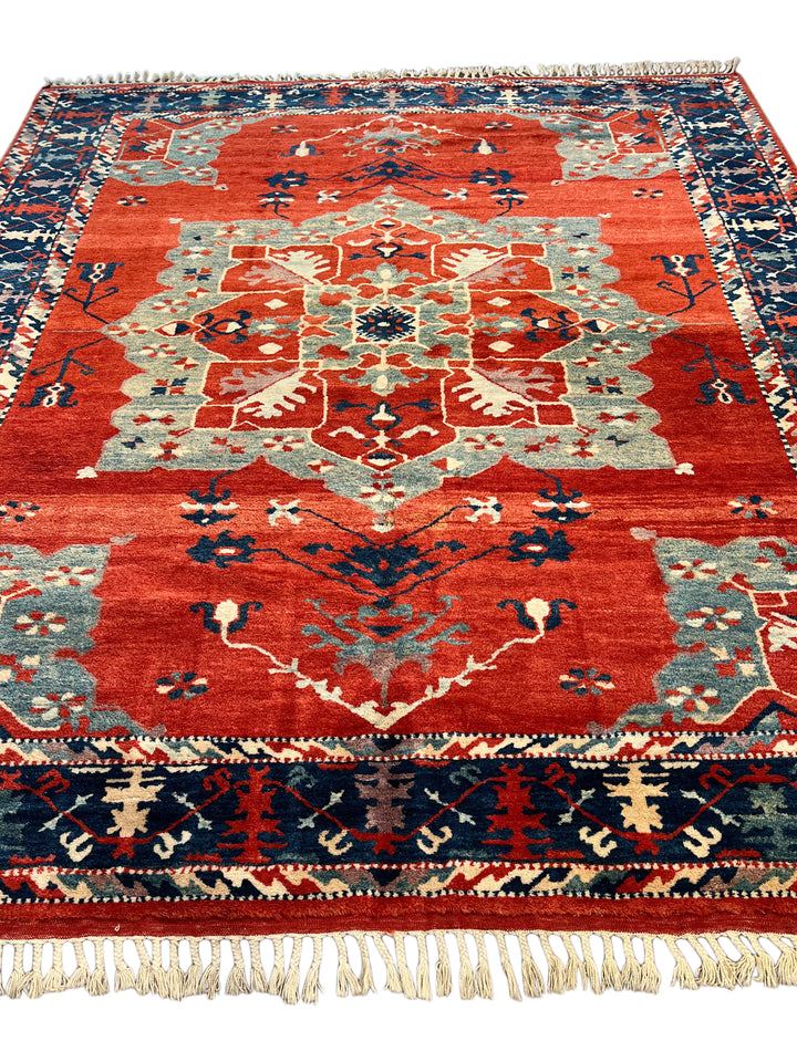 Terracotta Red &amp; Navy Turkish Serapi Rug, Circa 1990 – 9.3’ × 11.1’