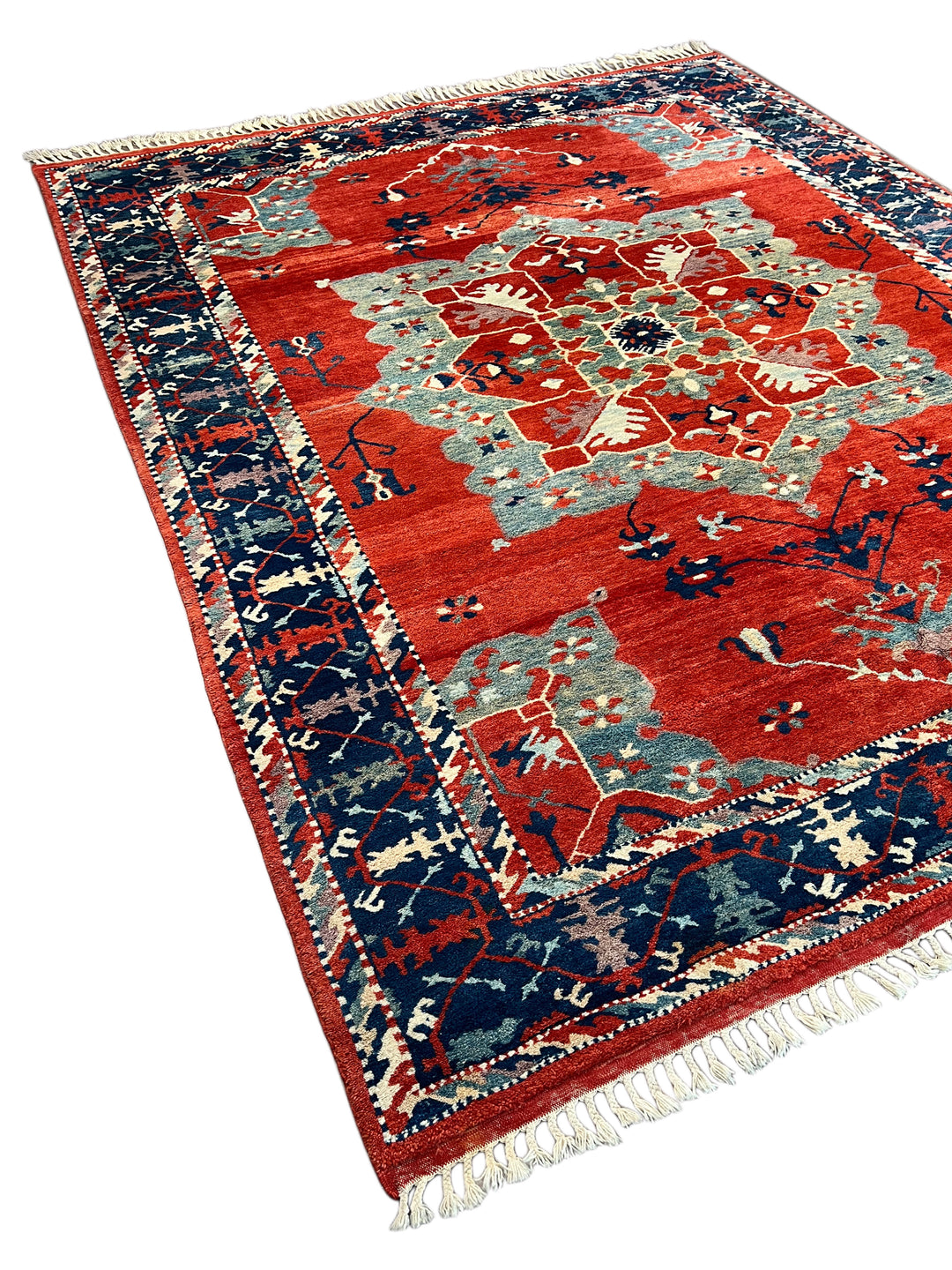 Terracotta Red &amp; Navy Turkish Serapi Rug, Circa 1990 – 9.3’ × 11.1’