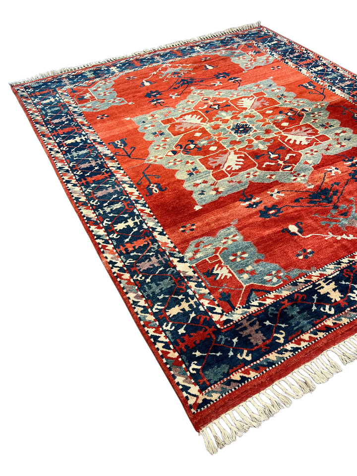 Terracotta Red &amp; Navy Turkish Serapi Rug, Circa 1990 – 9.3’ × 11.1’