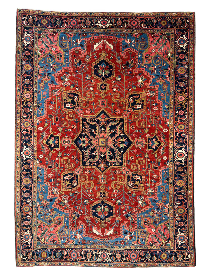 Brick Red &amp; Navy Antique Persian Heriz Rug, Circa 1910 – 9.3’ × 12.11’