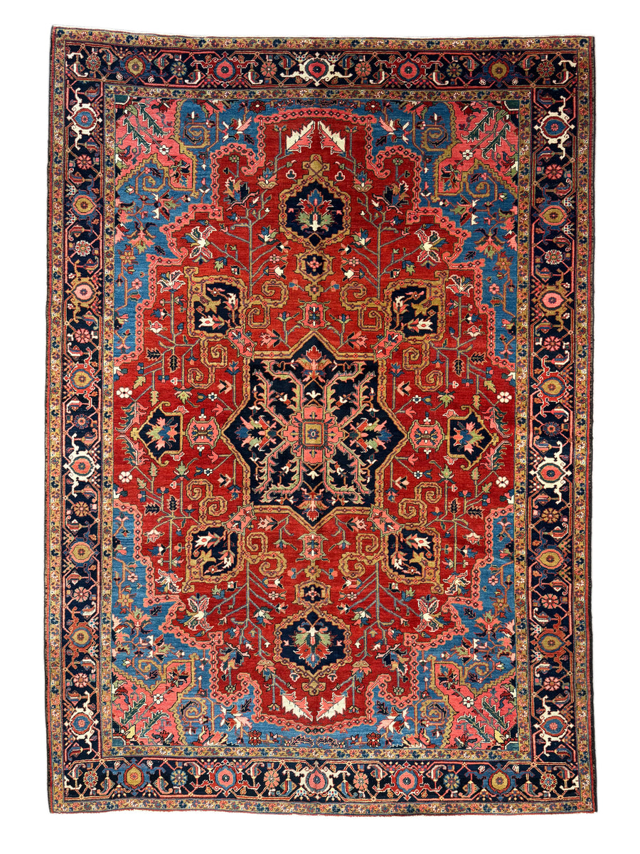 Brick Red & Navy Antique Persian Heriz Rug, Circa 1910 – 9.3’ × 12.11’