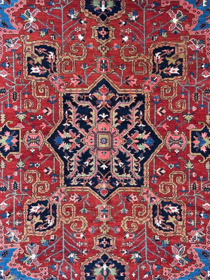 Brick Red &amp; Navy Antique Persian Heriz Rug, Circa 1910 – 9.3’ × 12.11’