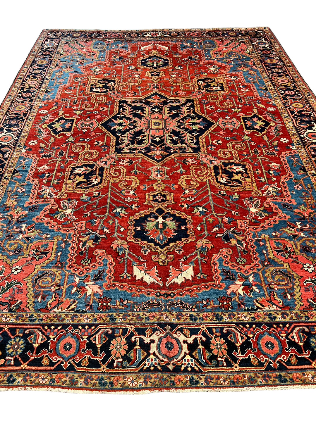 Brick Red &amp; Navy Antique Persian Heriz Rug, Circa 1910 – 9.3’ × 12.11’