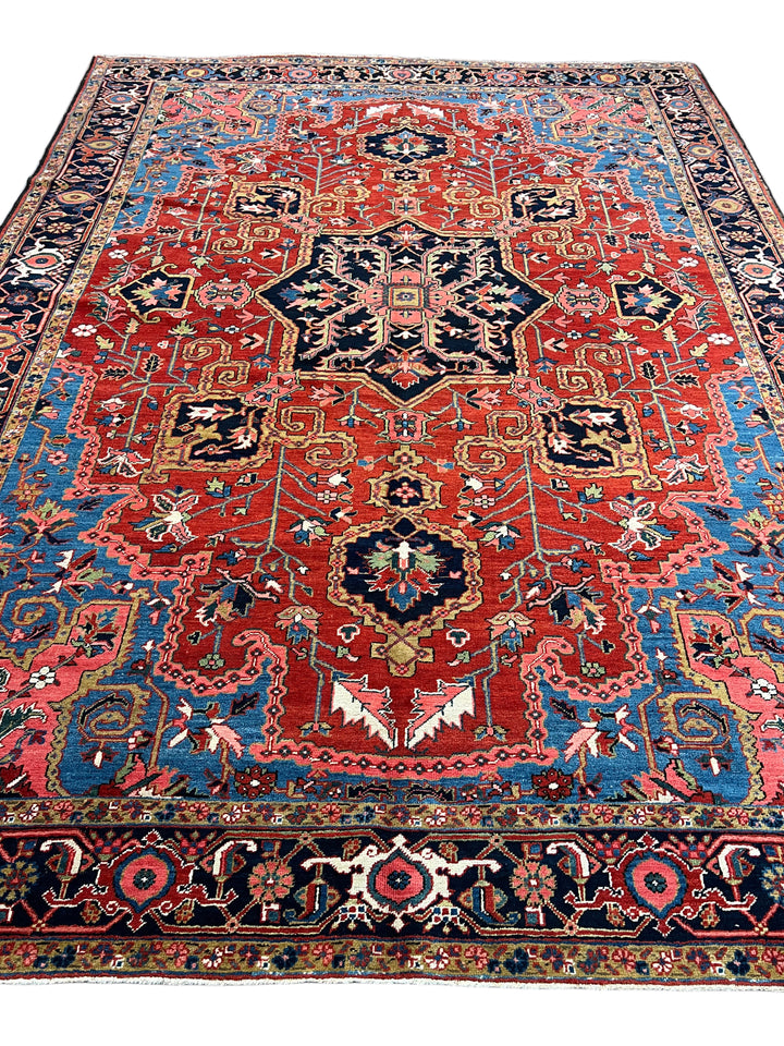 Brick Red &amp; Navy Antique Persian Heriz Rug, Circa 1910 – 9.3’ × 12.11’