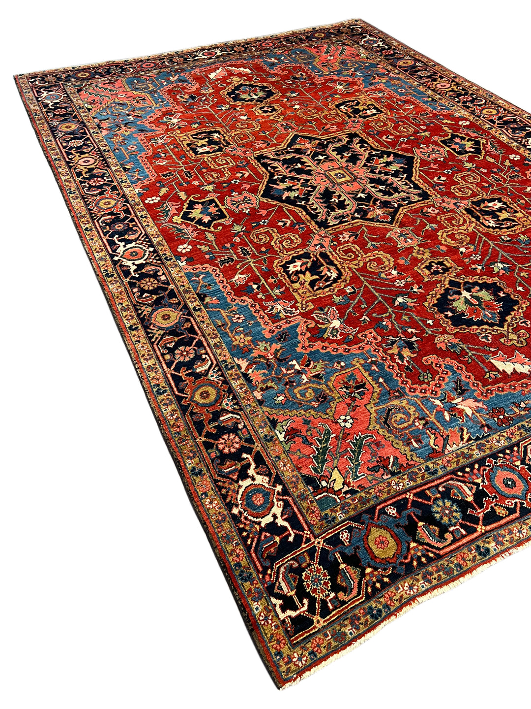 Brick Red &amp; Navy Antique Persian Heriz Rug, Circa 1910 – 9.3’ × 12.11’