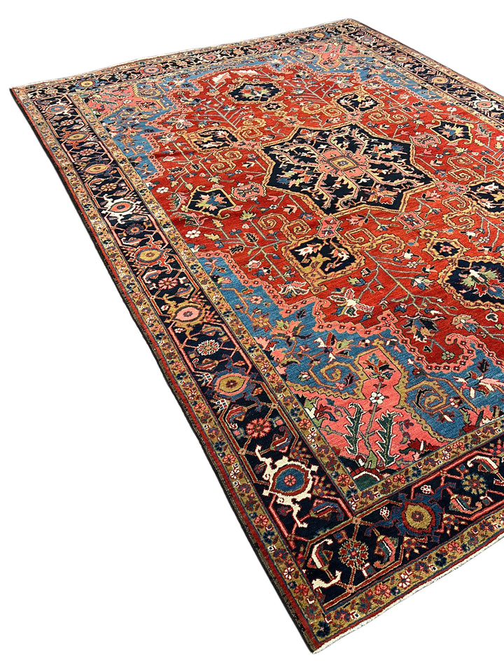 Brick Red &amp; Navy Antique Persian Heriz Rug, Circa 1910 – 9.3’ × 12.11’
