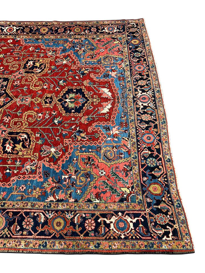Brick Red &amp; Navy Antique Persian Heriz Rug, Circa 1910 – 9.3’ × 12.11’
