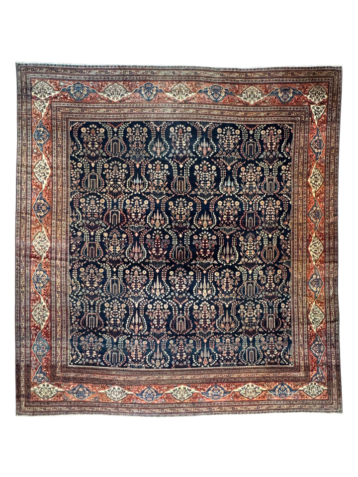 Navy &amp; Terracotta Antique Square Farahan Sarouk Rug, Circa 1880 – 13.6’ × 14.3’