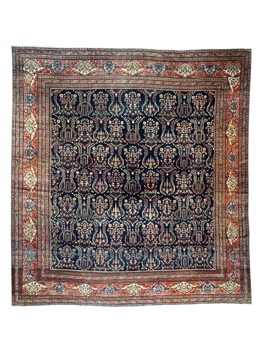 Navy & Terracotta Antique Square Farahan Sarouk Rug, Circa 1880 – 13.6’ × 14.3’