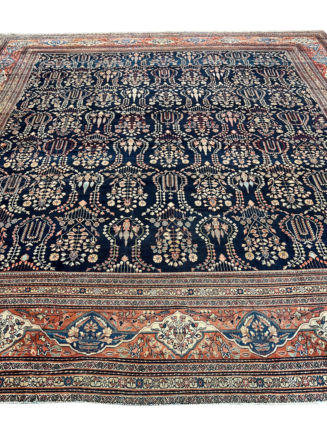 Navy &amp; Terracotta Antique Square Farahan Sarouk Rug, Circa 1880 – 13.6’ × 14.3’