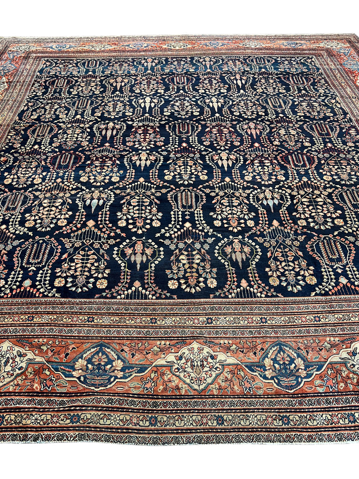 Navy &amp; Terracotta Antique Square Farahan Sarouk Rug, Circa 1880 – 13.6’ × 14.3’