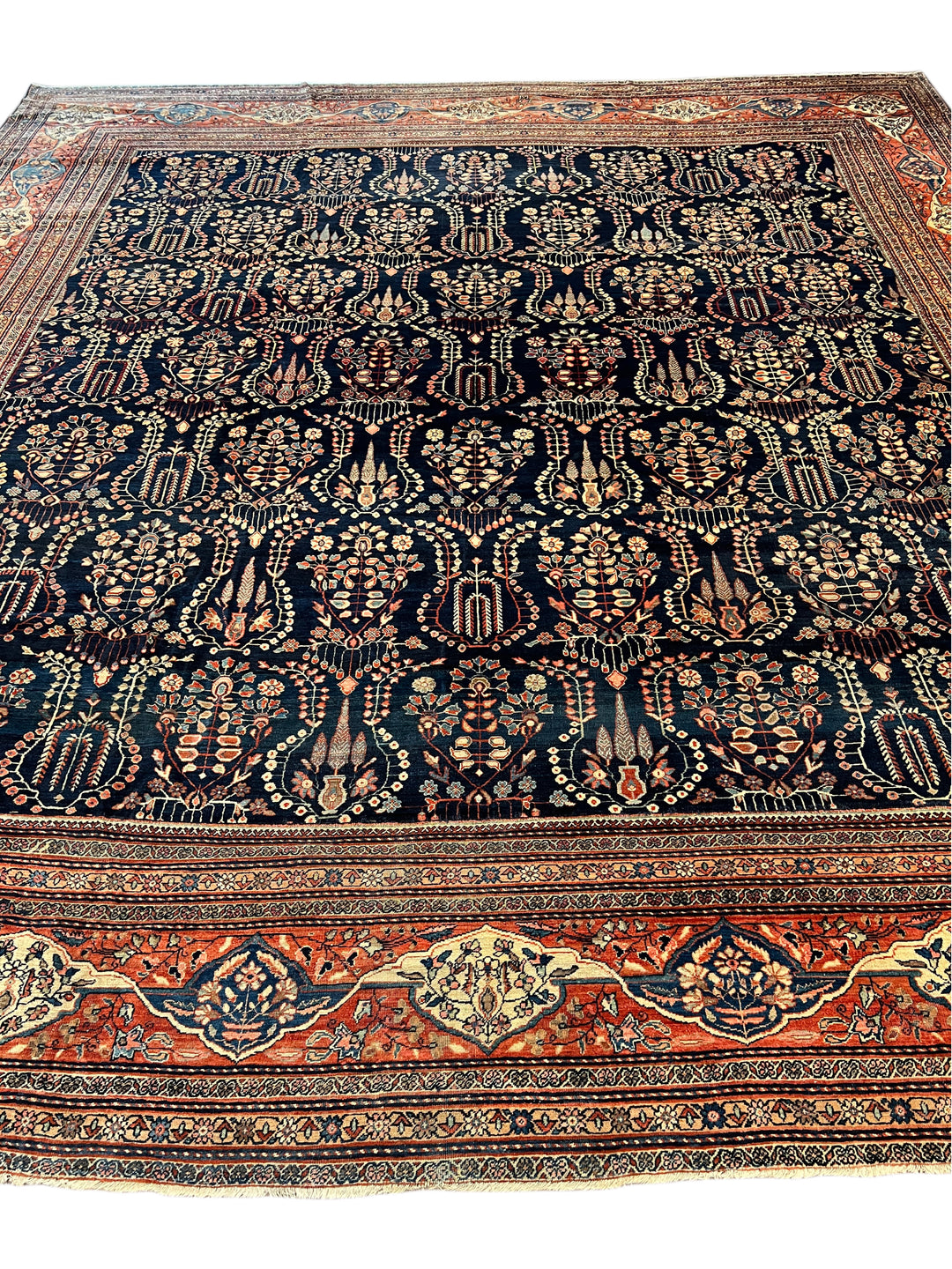 Navy &amp; Terracotta Antique Square Farahan Sarouk Rug, Circa 1880 – 13.6’ × 14.3’
