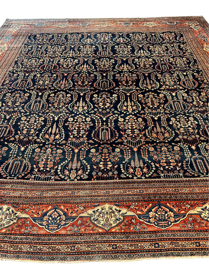 Navy &amp; Terracotta Antique Square Farahan Sarouk Rug, Circa 1880 – 13.6’ × 14.3’