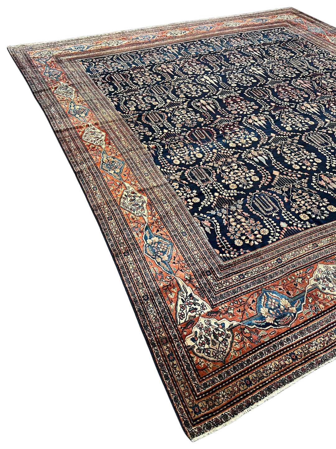 Navy &amp; Terracotta Antique Square Farahan Sarouk Rug, Circa 1880 – 13.6’ × 14.3’