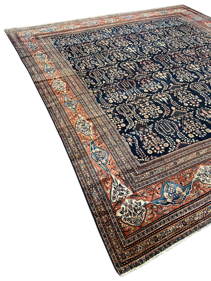 Navy &amp; Terracotta Antique Square Farahan Sarouk Rug, Circa 1880 – 13.6’ × 14.3’