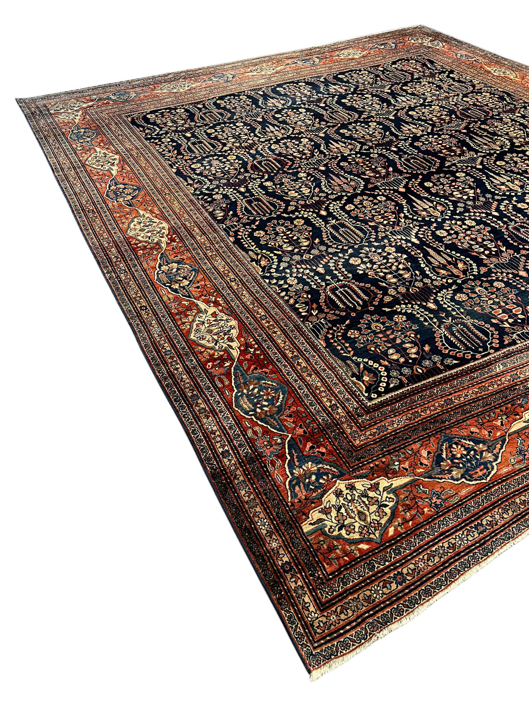 Navy &amp; Terracotta Antique Square Farahan Sarouk Rug, Circa 1880 – 13.6’ × 14.3’