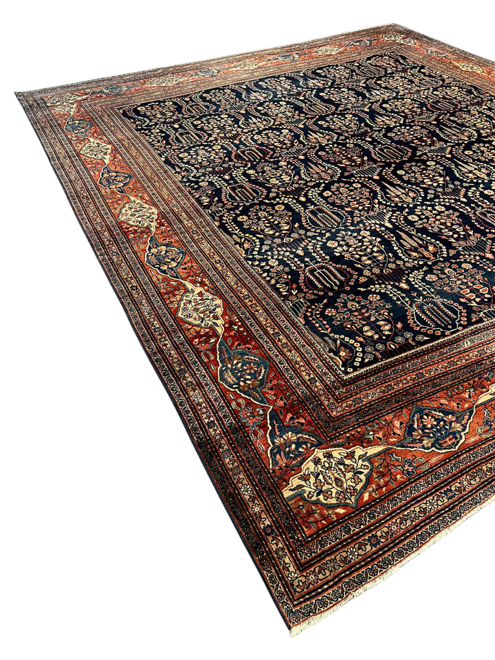 Navy &amp; Terracotta Antique Square Farahan Sarouk Rug, Circa 1880 – 13.6’ × 14.3’