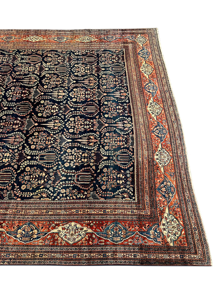 Navy &amp; Terracotta Antique Square Farahan Sarouk Rug, Circa 1880 – 13.6’ × 14.3’